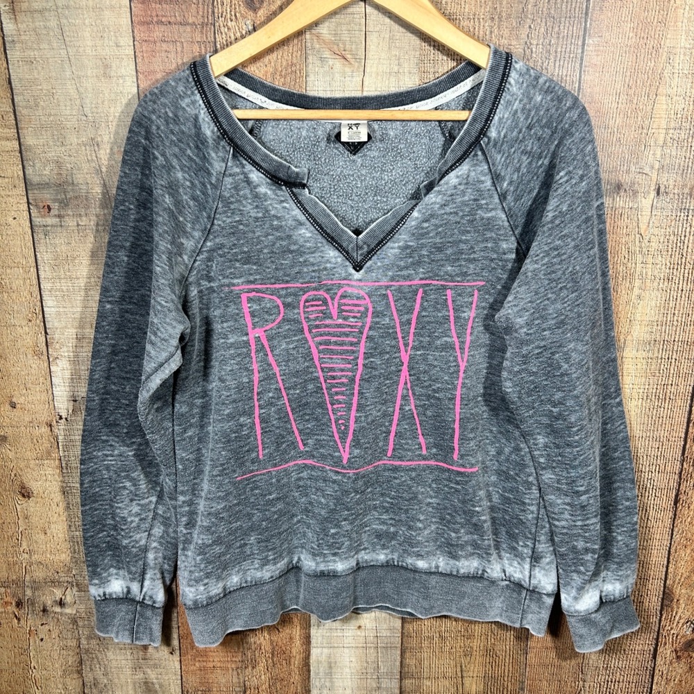 Roxy Gray Acid Wash Pink Heart Graphic V-Neck Pullover Sweatshirt Burnout Surf